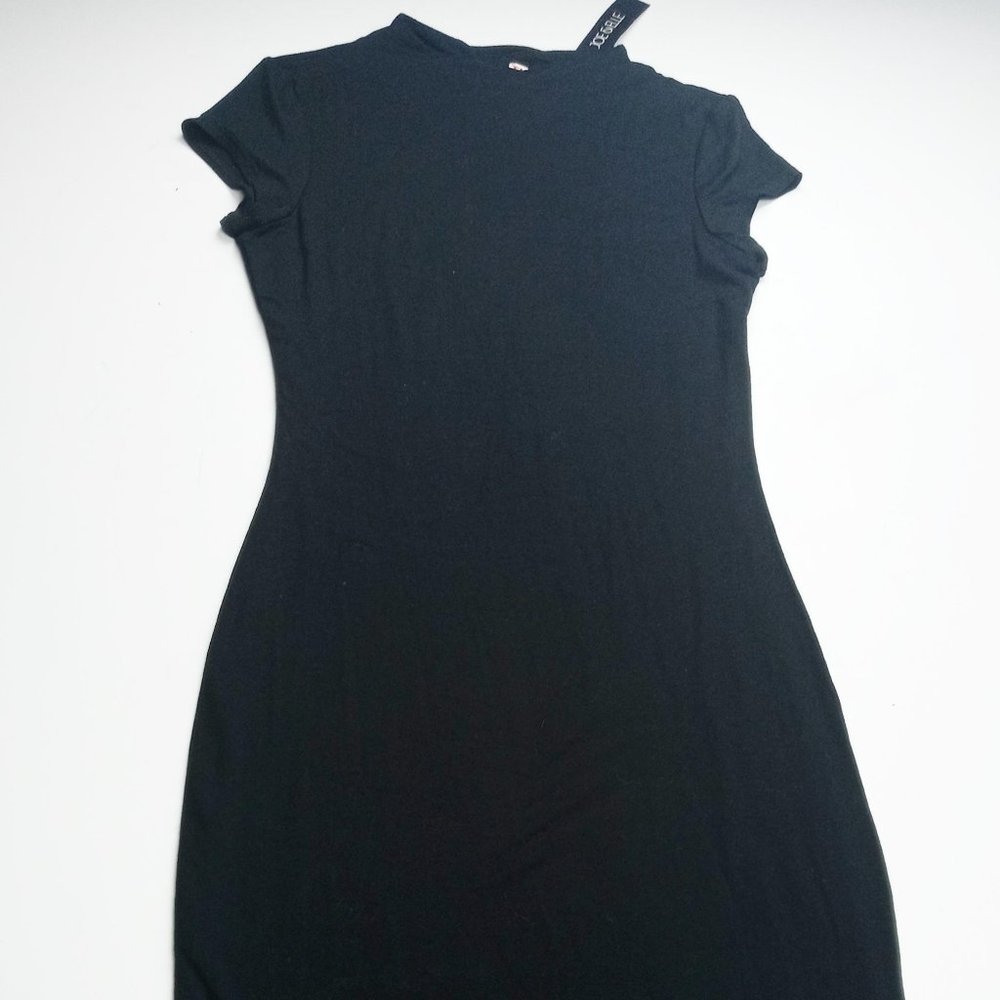 JOE & ELLE Bodycon Sz M Cap Sleeve High Neck Black Stretchy Cocktail Dress NWT